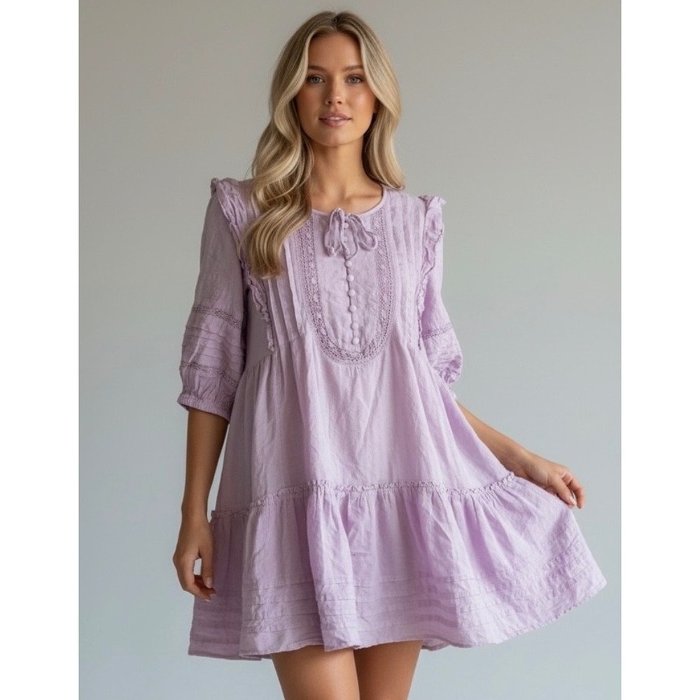 American Eagle Lavender Boho Lace Oversized XS Mini Dress Cotton Babydoll Tiered